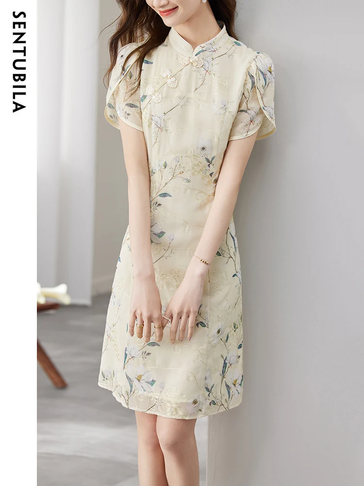 Sentubila Chinese Style Vintage Mini Dresses for Women 2023 Fashion Cheongsam Short Sleeve Floral Embroidery Summer Qipao Dress