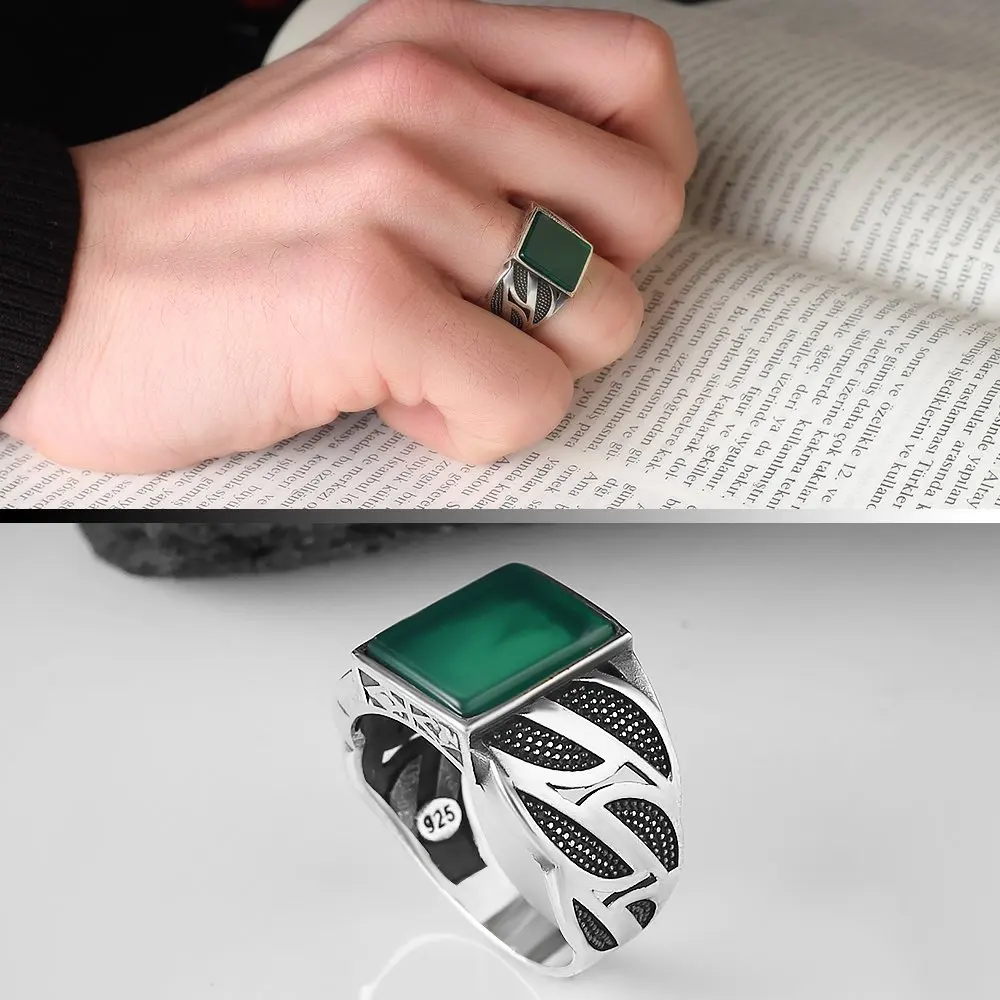 Green Agate Gemstone 925 Sterling Mens Silver Ring, Free Shipping, Vintage Real Natural Stone, Turkish Style, gift for men Jewelry, Fashion
