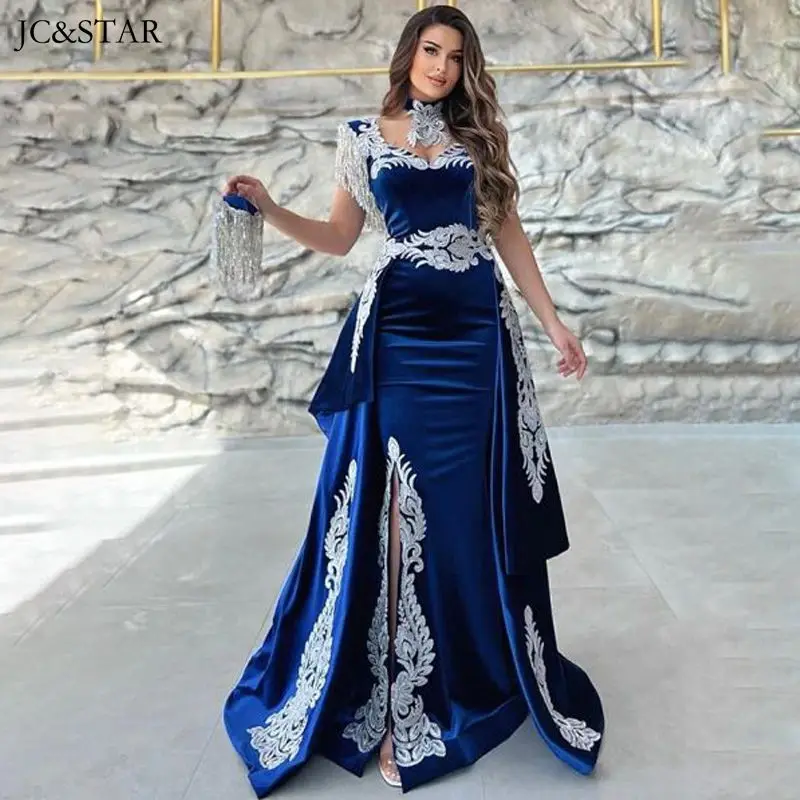 

Turkey Evening Dresses For Women Royal Blue Caftan Marocain De Mariage Dismantling VELOUR Crystal TASSEL Mermaid Slit Dubai Prom