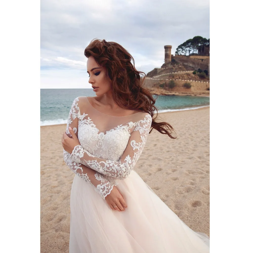 

Женское ТРАПЕЦИЕВИДНОЕ свадебное платье It's yiiya, белое фатиновое платье до пола с круглым вырезом и длинными рукавами на лето 2019