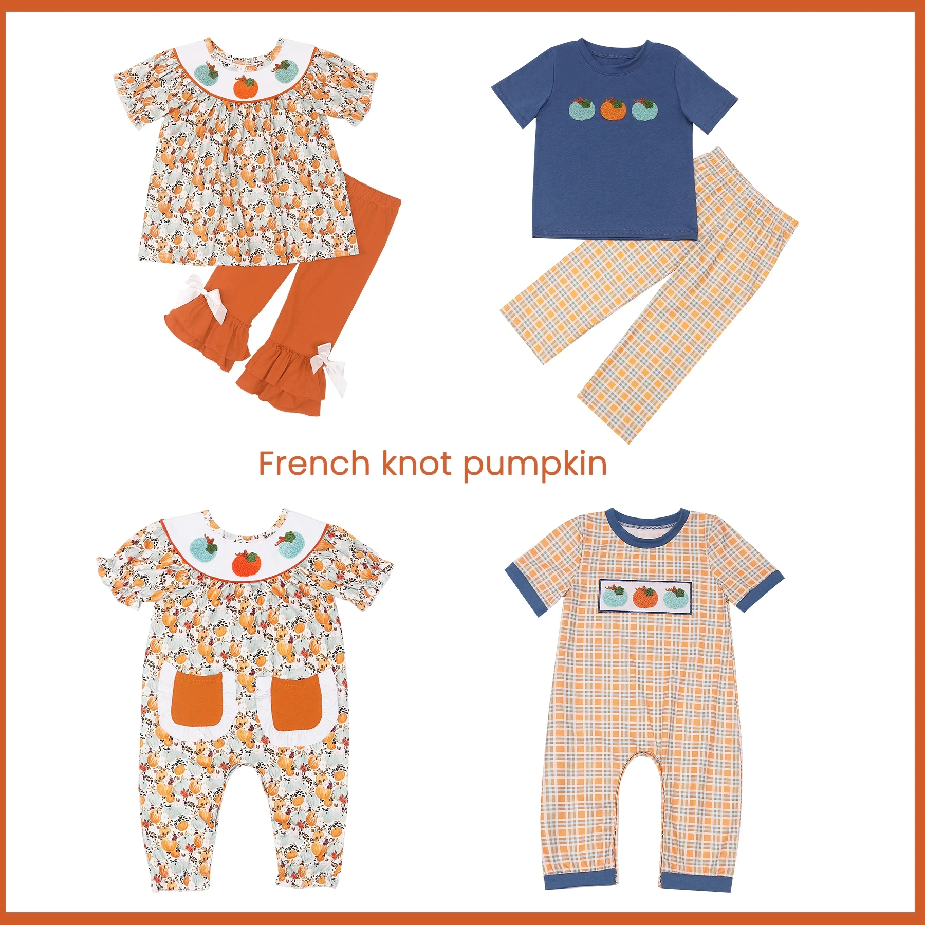 

Exquisite Summer Sleeveless Round Neck Pumpkin French Knot Girl Sets And Romper Boy Blue Top Set Orange Lattice Clothes Pants