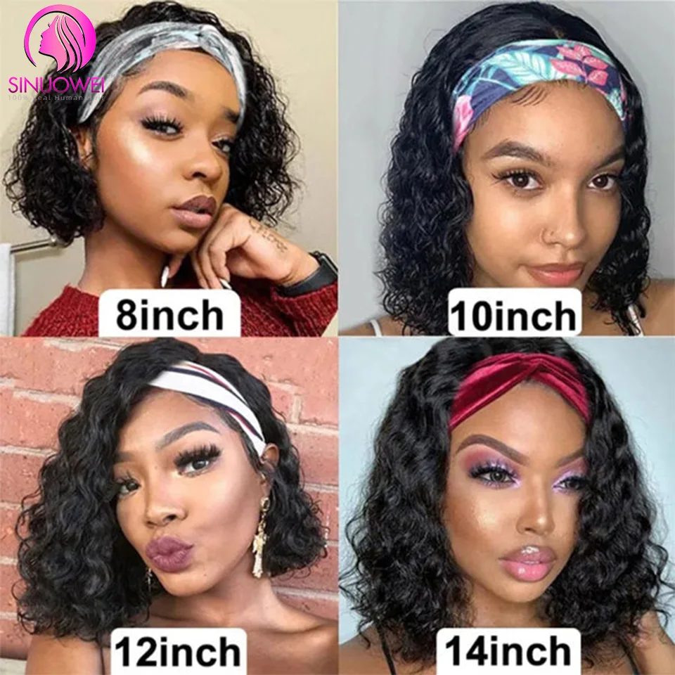 Sinuowei Brazilian Water Wave Short Human Hair Headband Wig Fast Install Glueless Short Curl Human Hair Wigs For Women