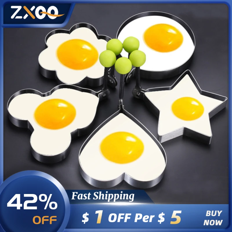 

5 Styles Stainless Steel Fried Egg Pancake Mold Hand Egg Ring Set Eco-Friendly Egg Stiring Cooking Tools Kitchen Accessories Set