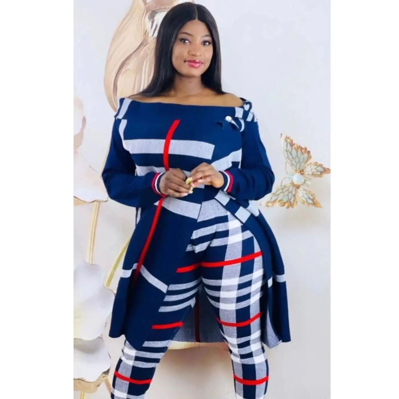 

2 Piece Women's Set Knitwear Buttoned Cachet Top and Pants Double Flexible Suit Set Striped Turkey Dubai 2021 Fashion Free Size