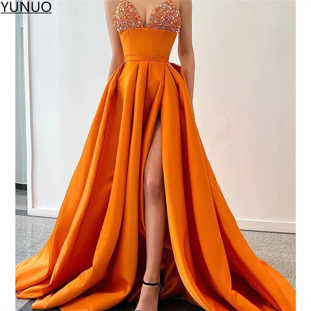 

YUNUO Beaded Orange Satin Long Prom Dresses With Pockets Spaghetti Straps Formal Evening Gowns Dubai Custom Party Dress vestidos