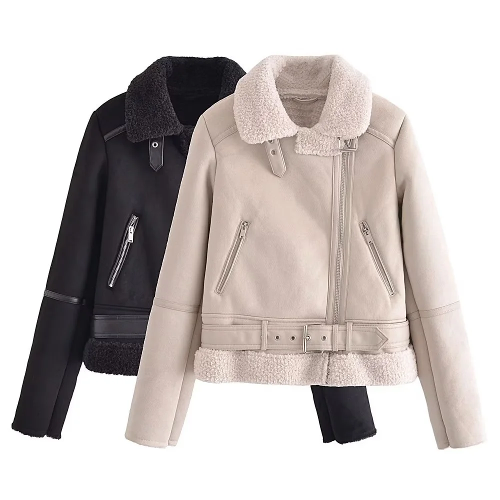 

COS LRIS 2022 Winter New Women's Clothing Fur Integrated Lapel Long-sleeved Inner Fleece Belt Decorated Thermal Jacket Coat