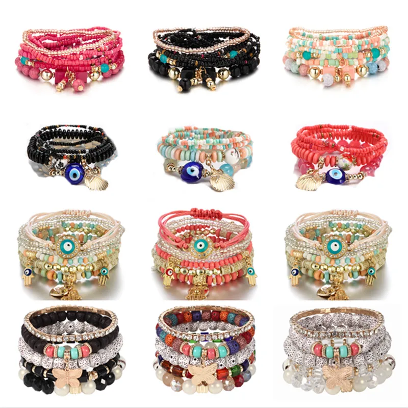 Conjunto de pulseras de tejido elástico multicapa para mujer, brazalete de combinación de cuentas de corazón, mariposa, mal de ojo, regalo de joyería