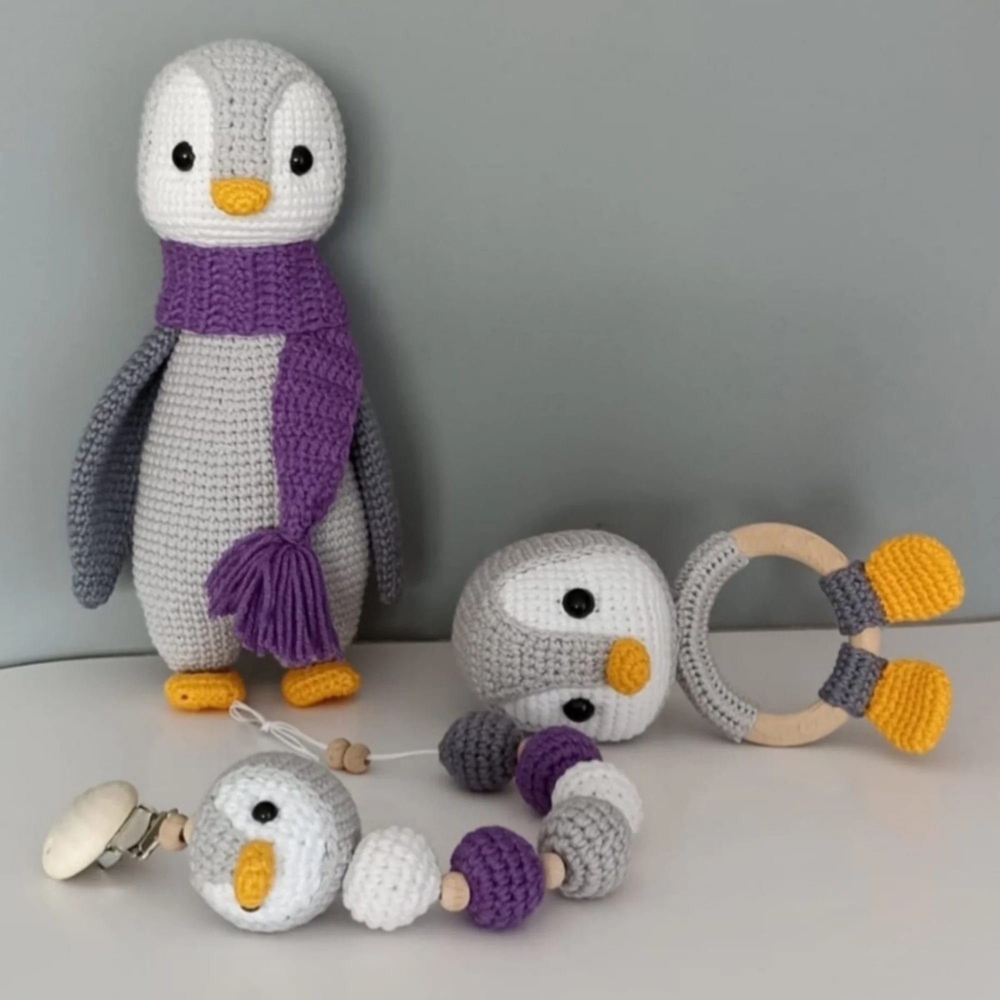 

Amigurumi Handmade Organic Washable Animal Baby Scarf Penguin Newborn Sleeping Set Companion Rattle and Pacifier Chain