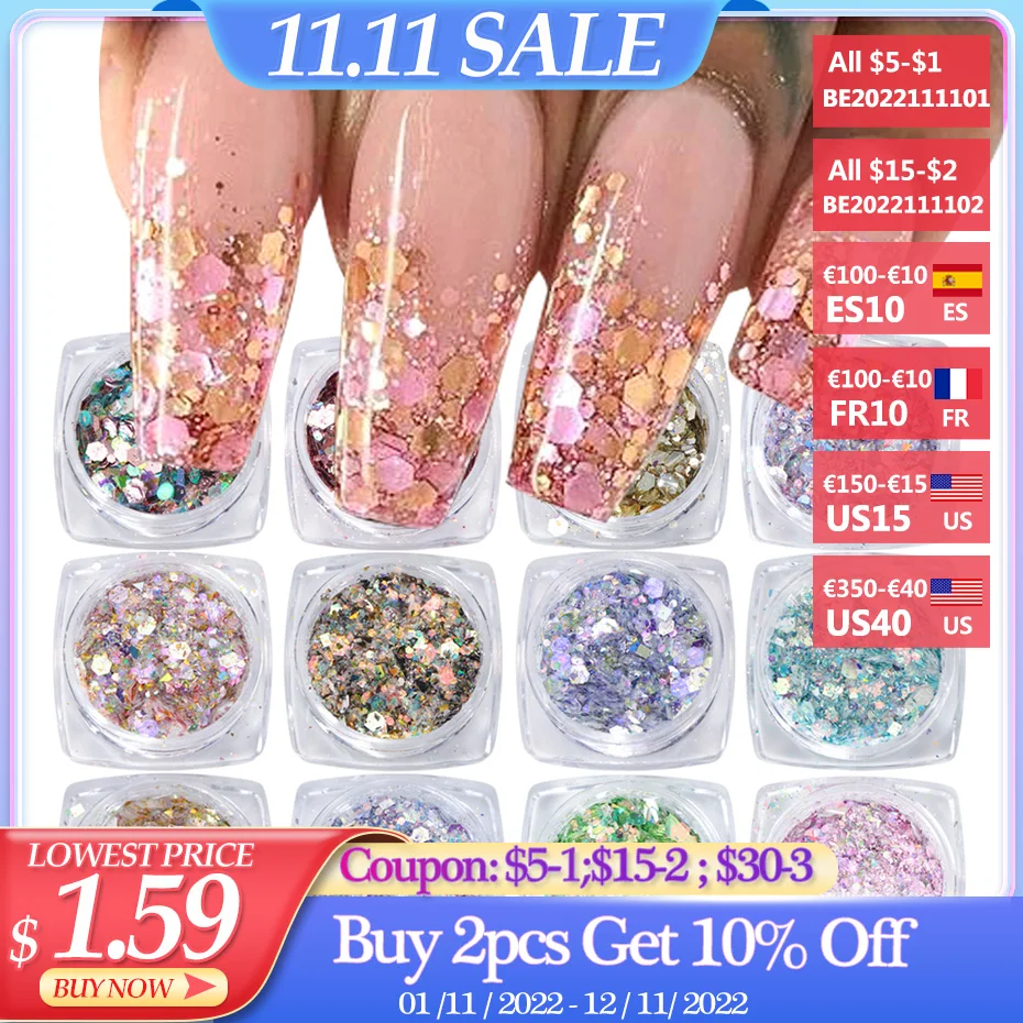 

12pcs Nail Glitter Powder Set Holographic Shining Gel Polish 3D Sequins For Manicure Nails Art Flakes Dust Decoration Tools BEDJ