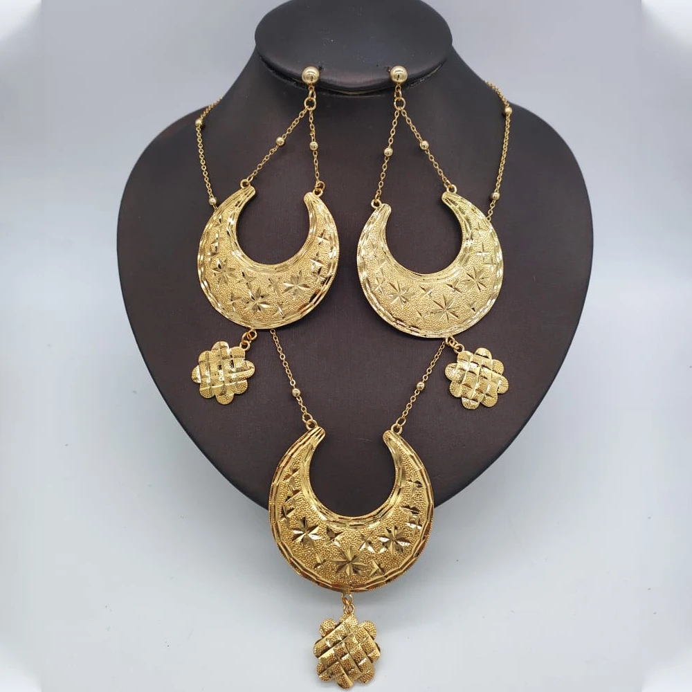

New Design Jewelry Set Gold Plated Necklace Drop Earrings Ethiopian African Chain Party Bohemia Pendant Wedding Bridal Jewelry