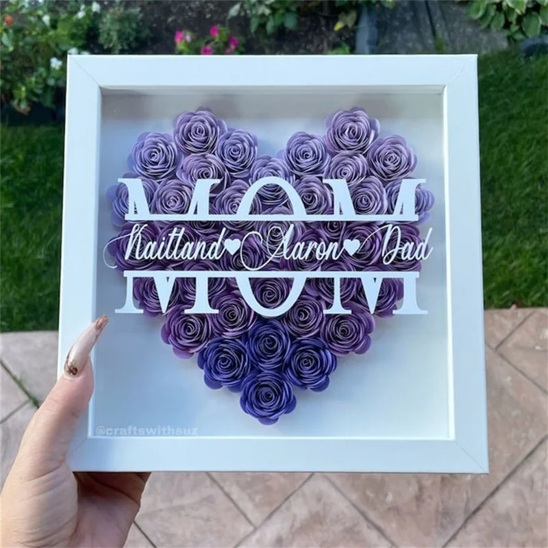 Custom Heart Shadowbox Frame Gift, Mother's Day Gift, Flower Shadow Box With Kids Name For Mother's Day
