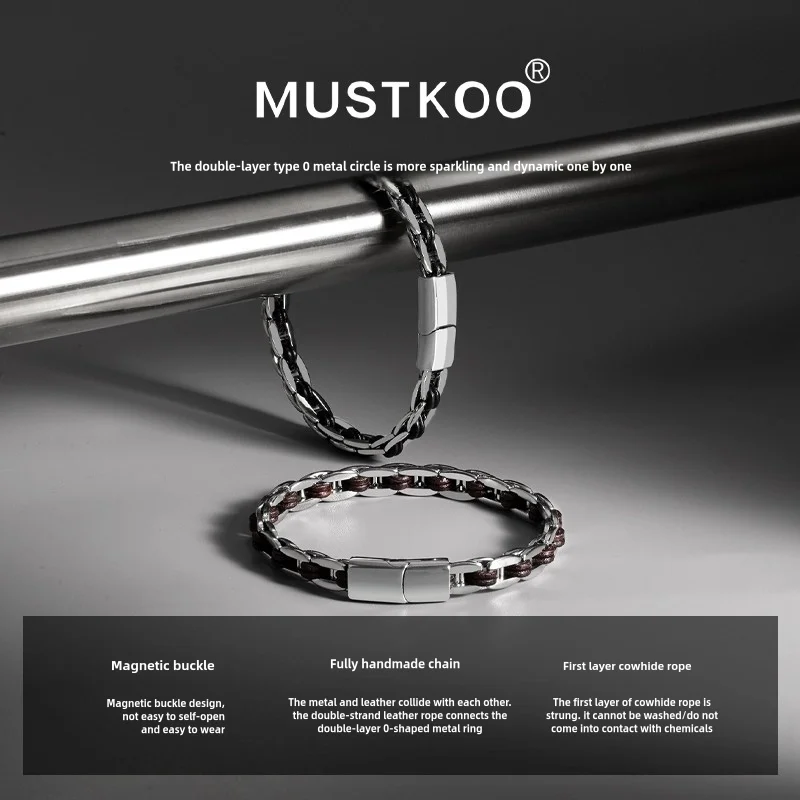 MUSTKOO Классический кожаный плетеный браслет из титановой стали 20см. Браслет