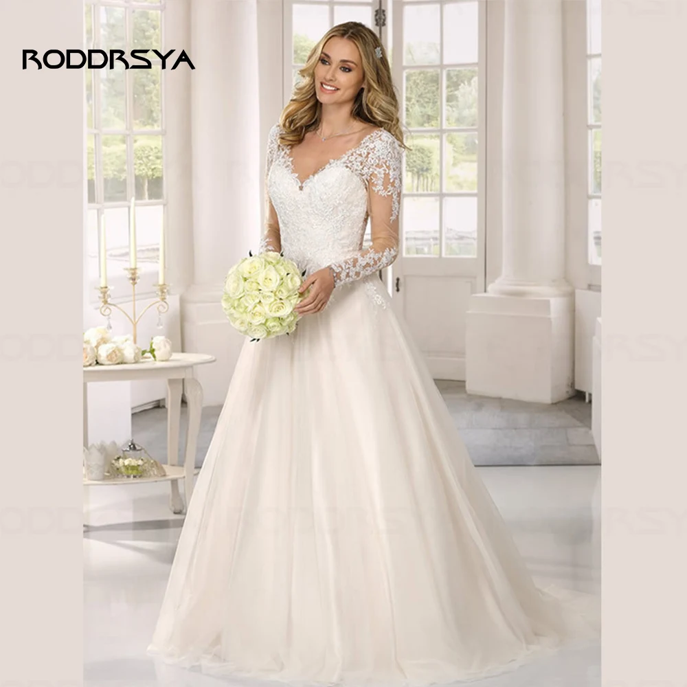

RODDRSYA Boho Wedding Dress Appliques Lace For Women A-line V-Neck Full Sleeves Open-Back Bride Gown Button Vestidos De Novia