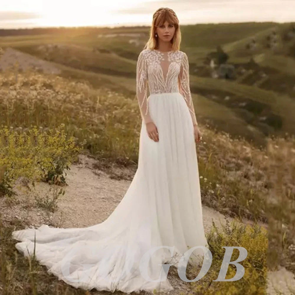 

GOGOB Boho Wedding Dresses R101 Lace Appliques O Neck Long Sleeves Sweep Train Button White Bridal Gowns Pleat Robe De Mariage