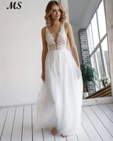ms boho wedding dress white tulle v neck with appliques sleeveless vestido de novia for women 2022 custom made simple bride gown