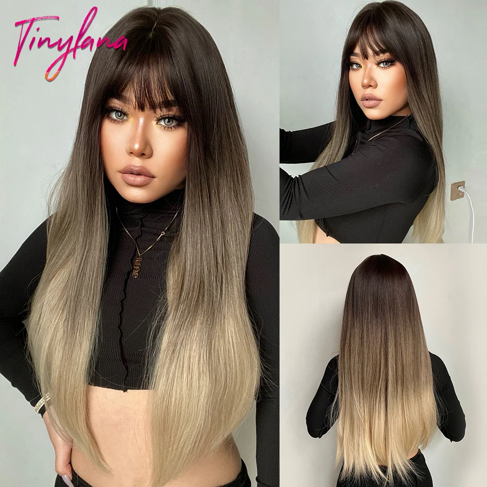 Long Straight Synthetic Wig Dark Brown to Blonde Hair Wigs with Bangs for Women Cosplay Natural Black Root Heat Resistant Wigs