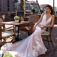 lace appliques mermaid hy135 v neck wedding dress floor length luxury backless elegant princess bridal gowns vestidos de novia