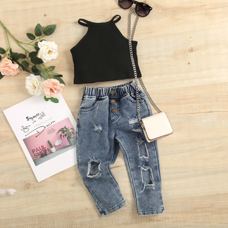 

2-7T Girl Clothes Summer Girl Solid Crop Top + Hole Denim Pant 2pcs Kids Clothing Suit Fashion Girl Outfit Sexy Toddlers Costume