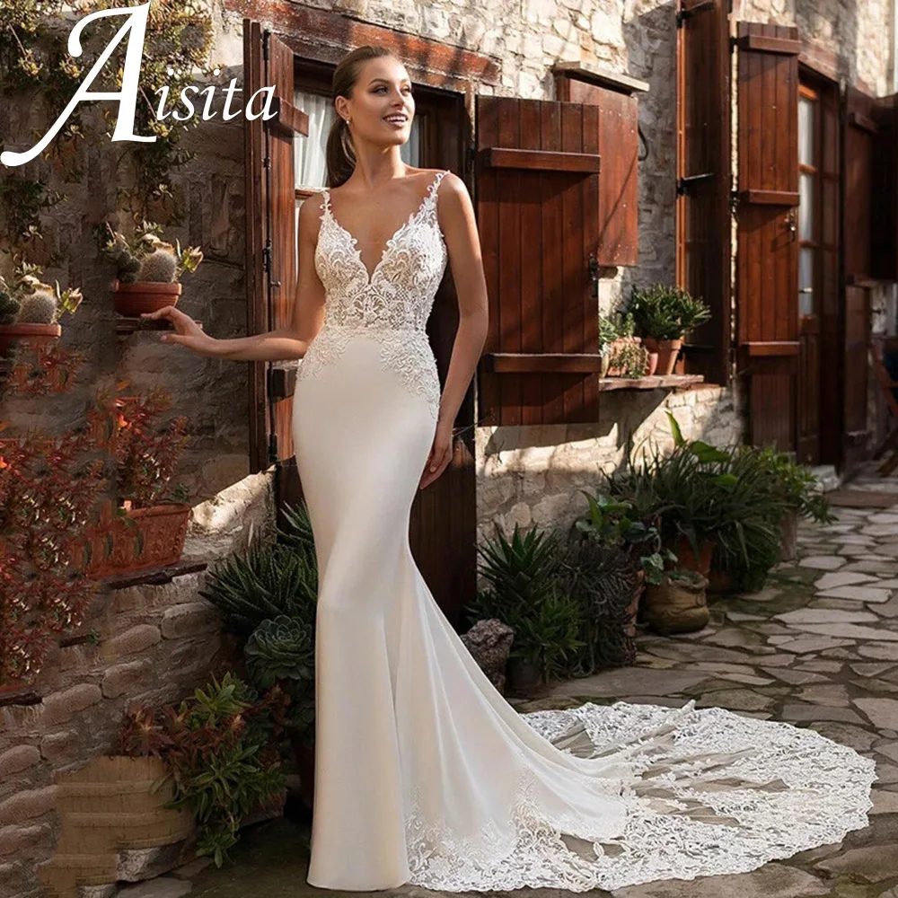 Купи Glamorous V Neck Mermaid Bridal Gown Spaghetti Straps Lace Appliques Wedding Dress Open Back Sweep Train Vestidos De Novia за 6,360 рублей в магазине AliExpress