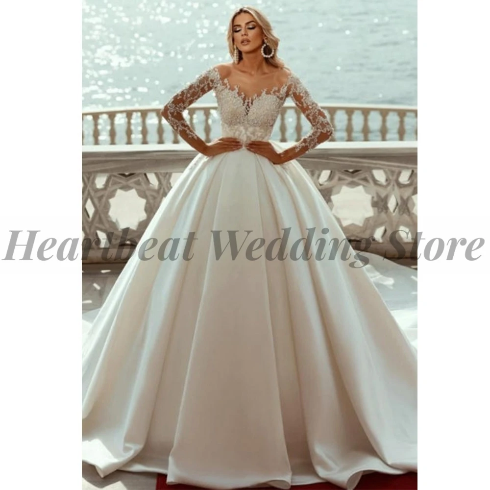 

Classic Satin Wedding Dress A-Line 2023 for Women with Off-The-Shoulder Sweetheart Court Train Backless Lace-Up Applique Sequins