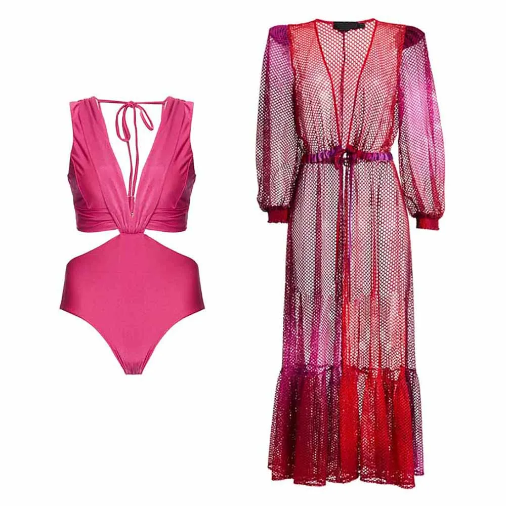 

Pink One-piece Swimsuits Halter Beachwear Solid Hollow out Bikinis and Cover Ups Fashion Deep-v Swimwear Summer Swimming Biquini