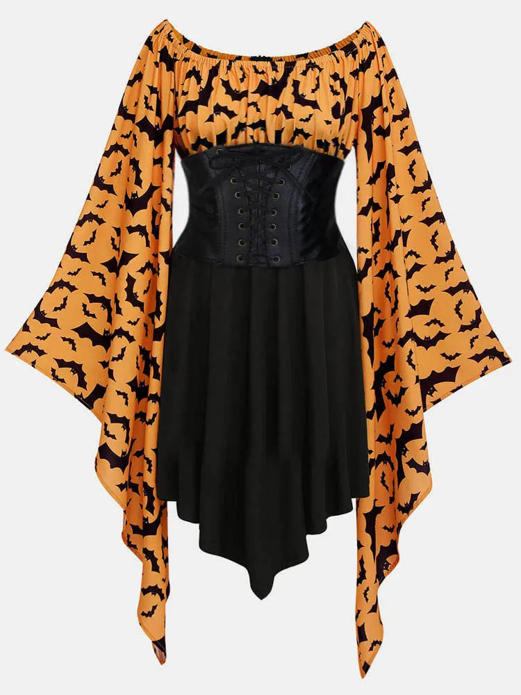 Women Vampire Bat Costume Ruffled Lace Up Mini Dress Adult Cosplay Halloween Outfit Masquerade Party Fancy Dress without Belt