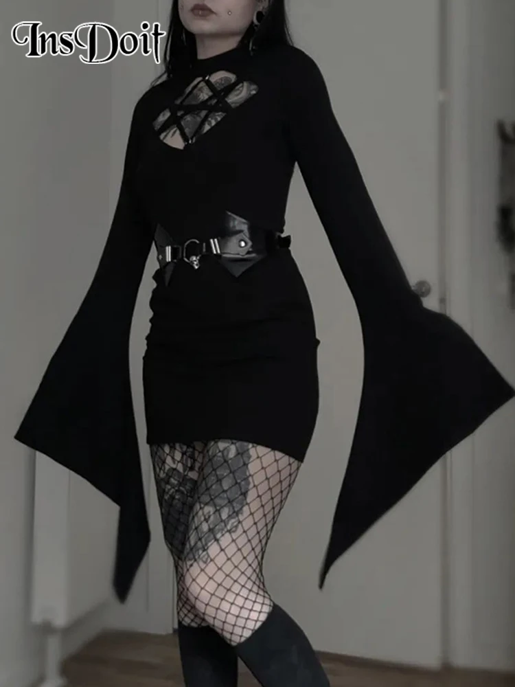

InsDoit Gothic Cut Out Black Dress Women Streetwear Flare Sleeve Bodycon Autumn Sexy Mini Dress Punk Grunge Elegant Party Dress