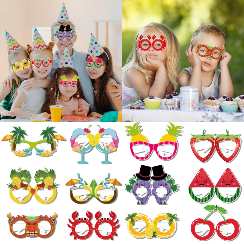 

12pcs Summer Theme Party Pineapple Ice Cream Fruit Paper Glasses Tropical Hawaiian Birthday Party Photo Props Decor Kids Gift