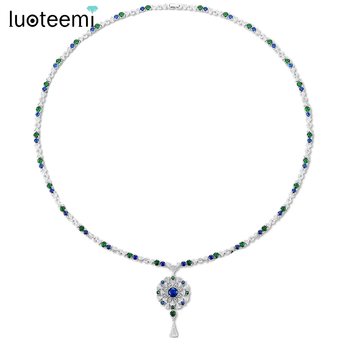 LUOTEEMI Fashion Design Flower Long Pendant Necklace for Women Luxury Green and Blue CZ Jewelry for Girl Wedding Bride Accessory