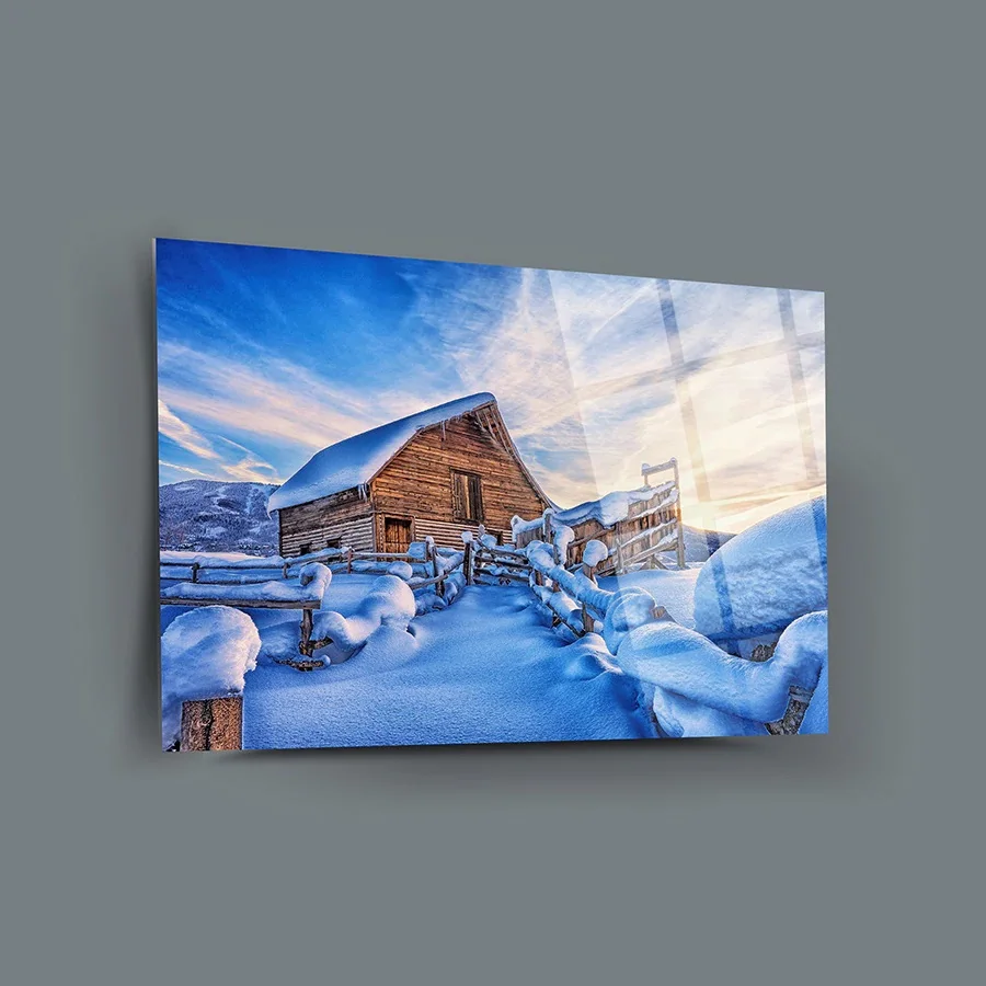 

Winter Hut Decor, Glass Wall Art, Frameless Free Floating Tempered Glass Panel, Home Office Living Room Decoration,