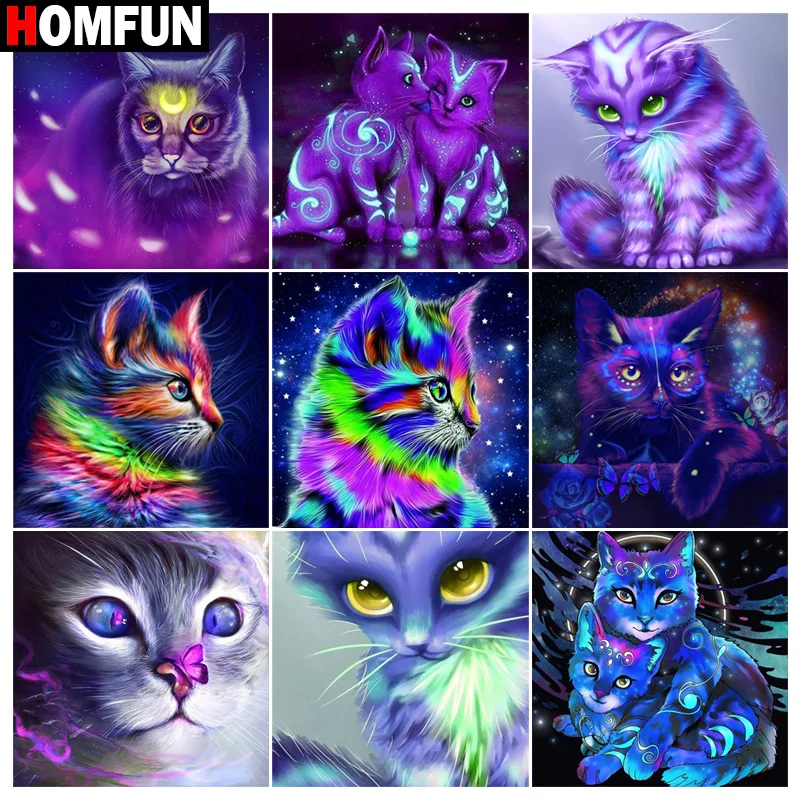 

HOMFUN DIY Diamond Painting "Colorful animal cat" Full Drill Square Round Diamond Embroidery 5D Cross Stitch Decoration Home