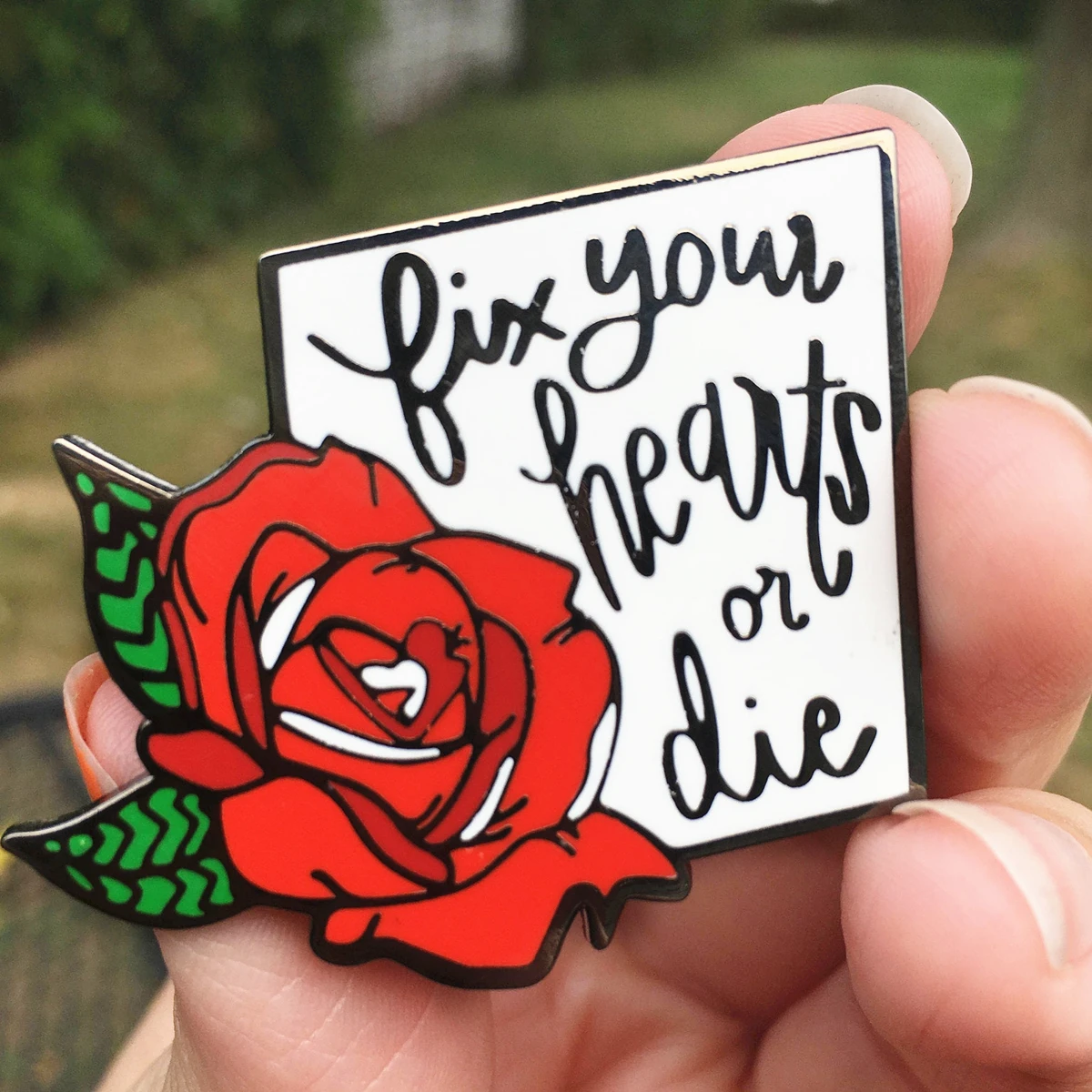 Fix Your Heart or Die Head Enamel Pin Cartoon Beautiful Red Rose Plant Brooch Accessories Fashion Lapel Backpack Badge Jewelry