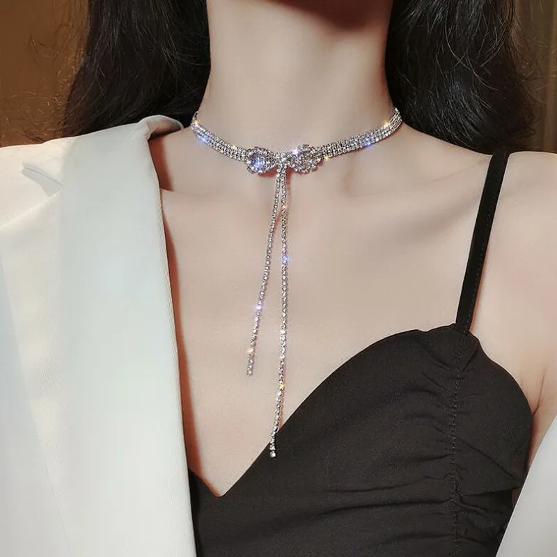 

2022 New Sparkling Silver Color Crystal Collar Chain Choker Necklace Women Bridal Wedding Party Luxury Rhinestone Choker Jewelry