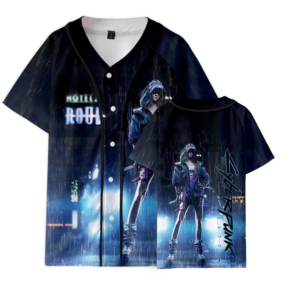 Anime Design Shirts Short Sleeve Thin Baseball Jacket Punk 2077 Print Men Women Summer Casual Harajuku Streetwear Unisex Clothes