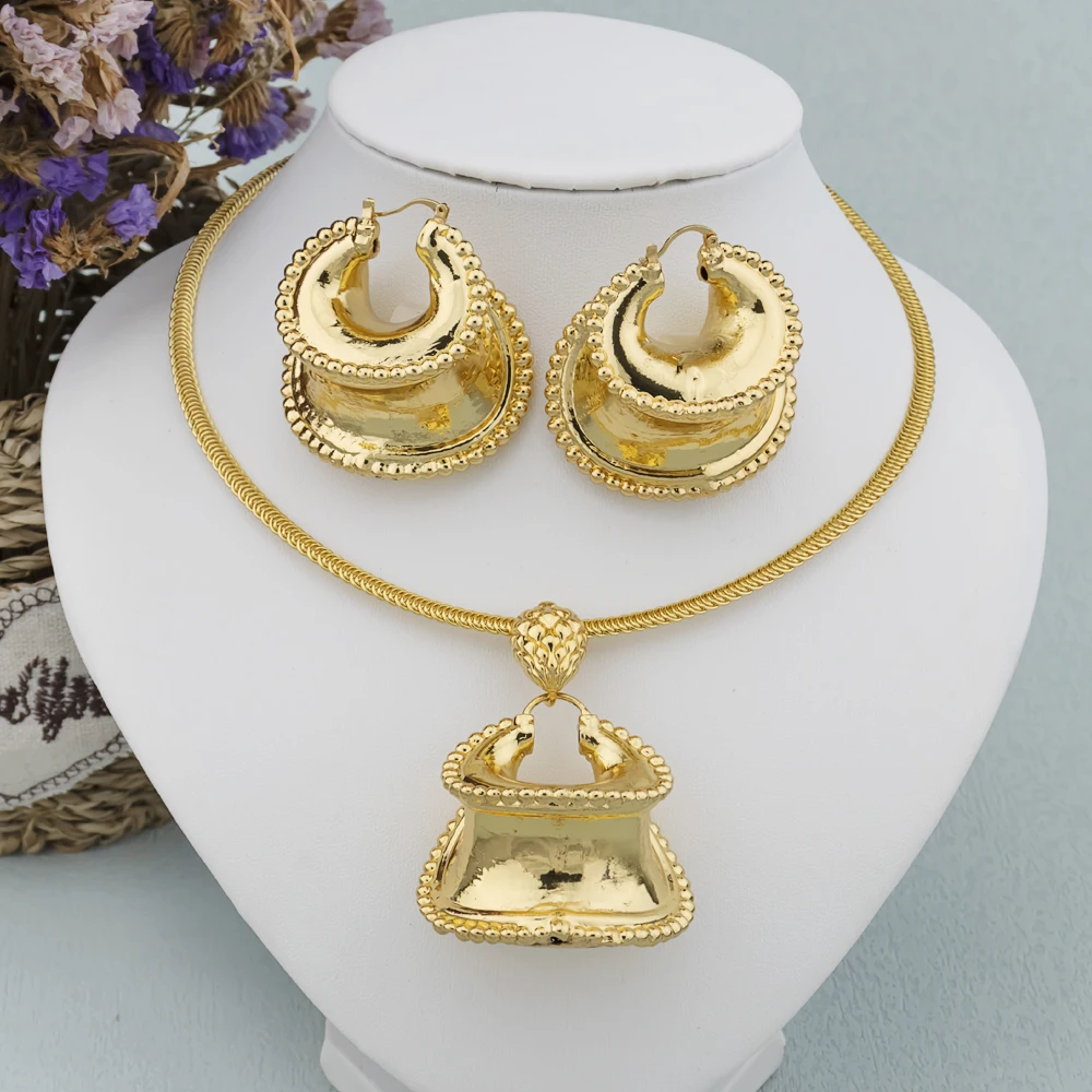 

Big Luxury Earrings and Necklace Set for Women Gold Color Round Earrings Pendant African Nigeria Jewelry Set for Christm Party