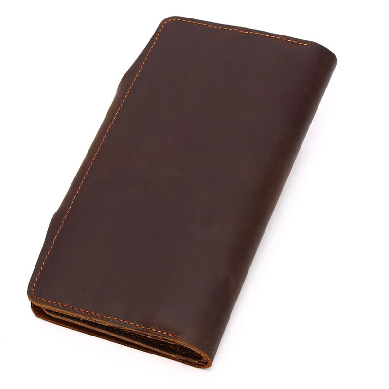 Vintage Men's Long Wallets Crazy Horse First Layer Cowhide Leather Large Capacity Clutch Slim Card Holder Purse Handmade Wallets