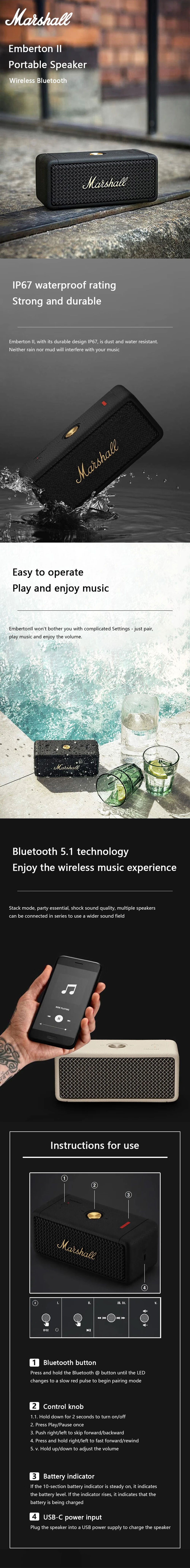 Marshall Emberton II Portable Bluetooth Speaker IP67 Waterproof/30+ h  Playtime/Subwoofer Stereo Bass Sound Outdoor Speakers - AliExpress