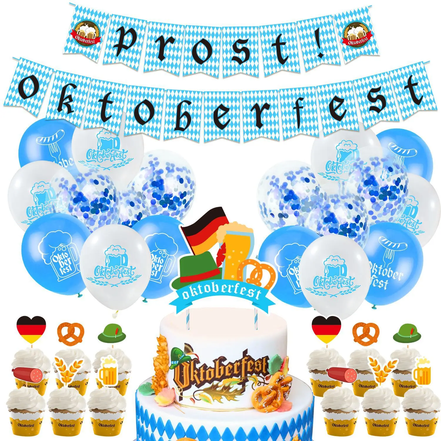 

Oktoberfest Themed Party Decoration Balloon Blue and White Plaid Banners Cake Toppers Balloon Set Balloons Decoration Birthday