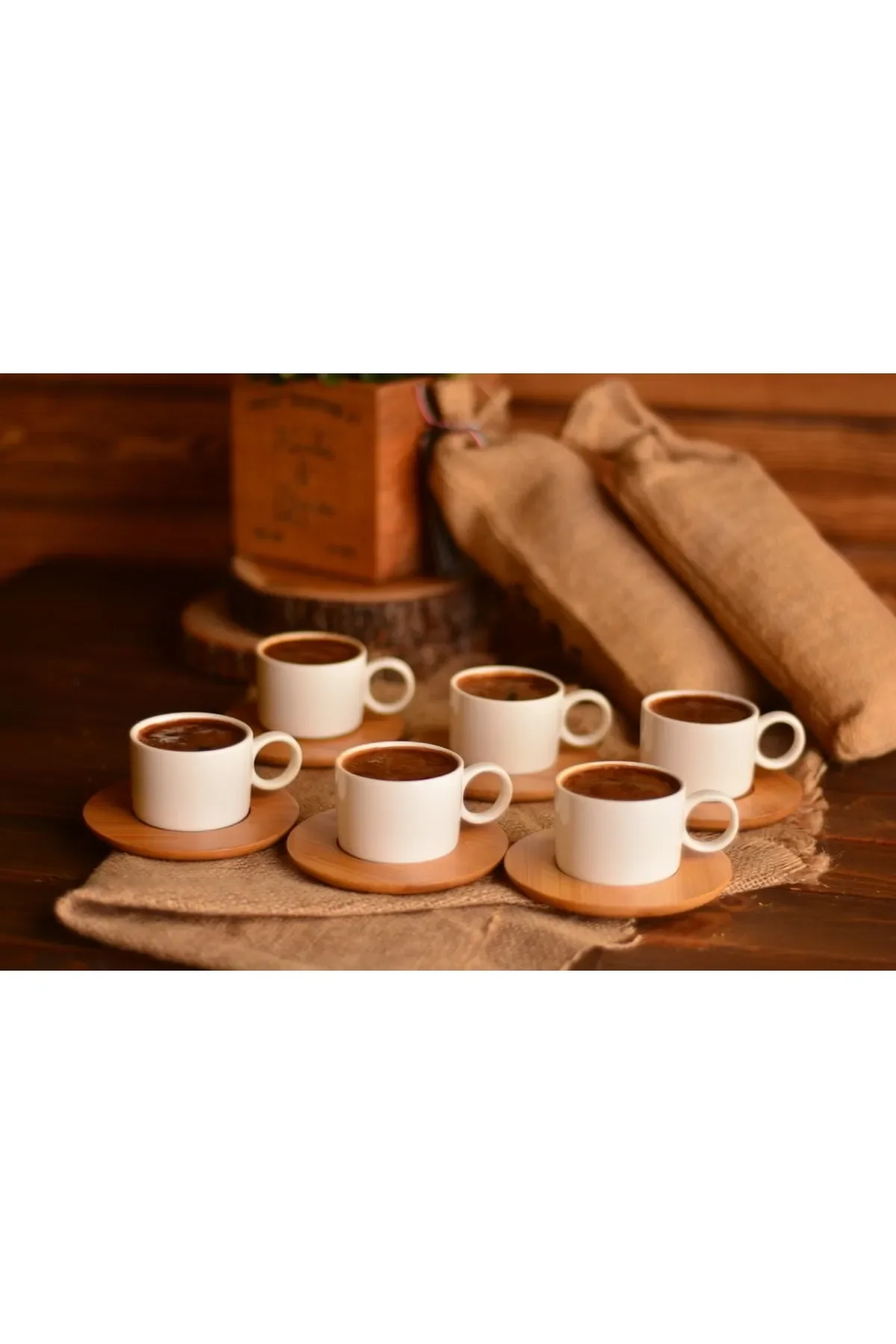 

6 Serves Coffee and Tea Espresso Cup Set with White Cup and Wooden Bottom Set 90 ml Porcelain Cups 12 Pieces 6 Serves