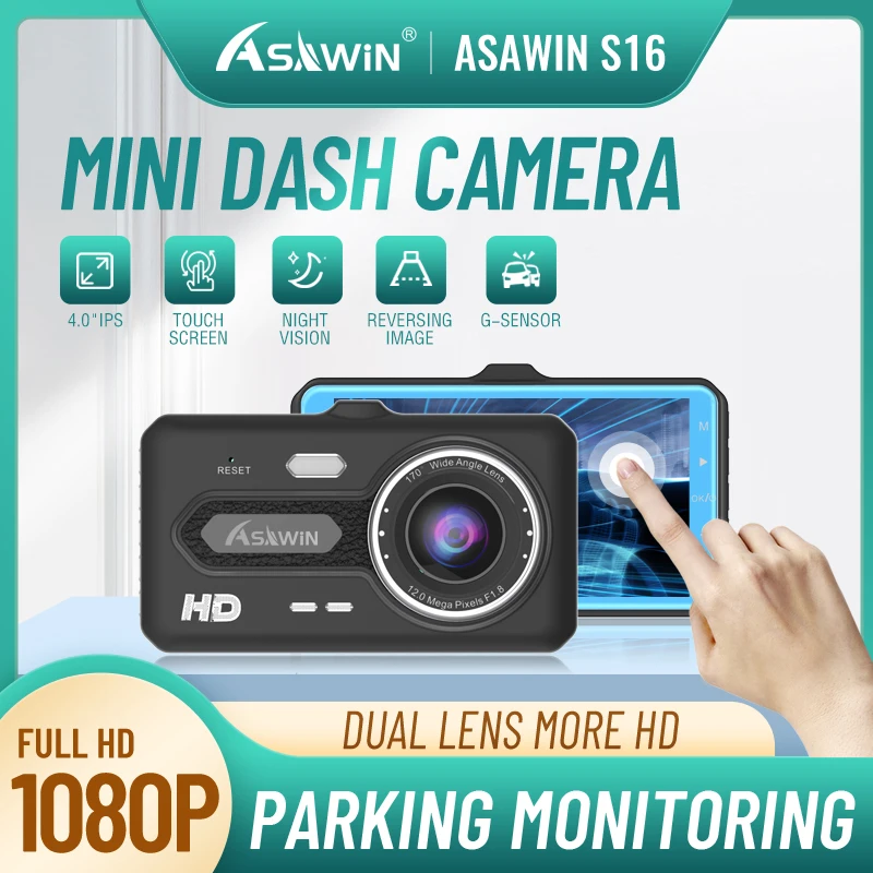 Asawin 4-дюймовый IPS сенсорный экран видеорегистратор 1080P Автомобильный с двойным