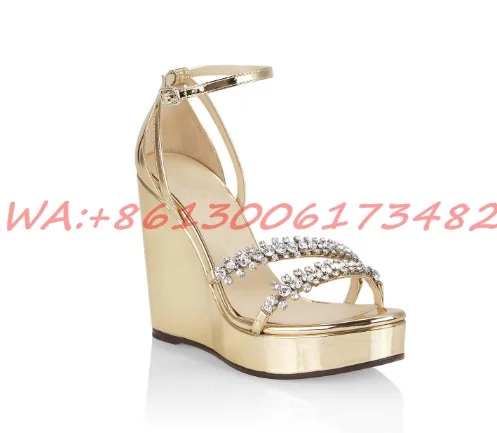 

design woman open toe platform high wedge crystal buckle sandal gold silver leather rhinestones high wedge platform sandal