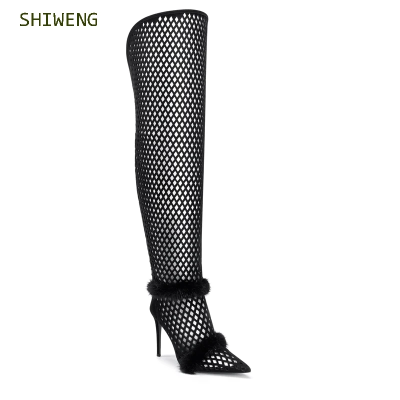 

2022 Summer High Heels Fashion Hollow Out Over The Knee Boots Women Pointed Toe Zipper Zip Gladiator Thin High Heel Feetwear 44
