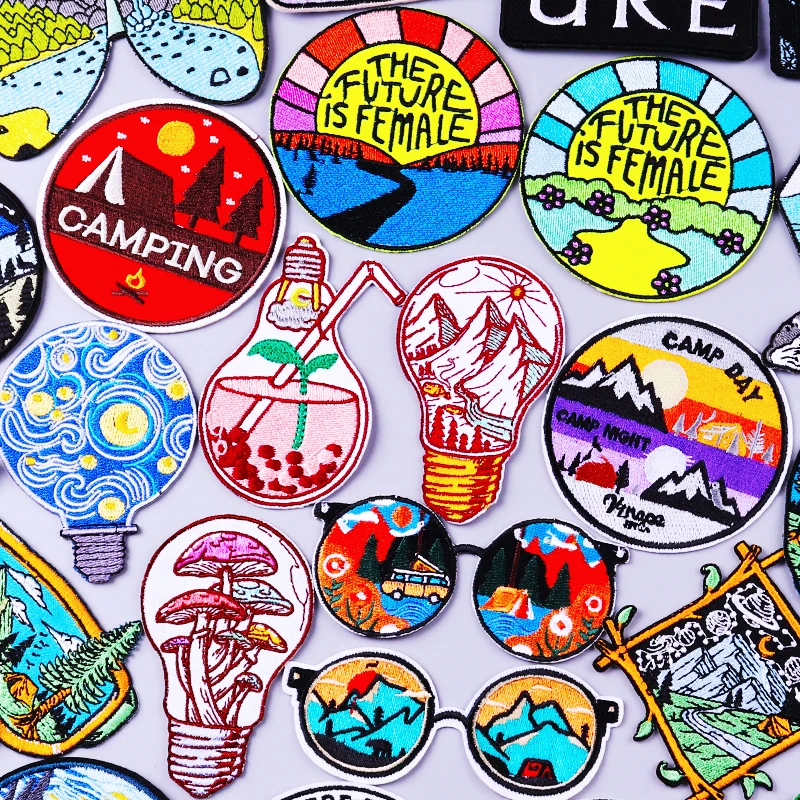 

Outdoor Nature Patch Camping Patches On Clothes Applique DIY Iron On Embroidered Patches For Clothing Stickers Mountain Badges