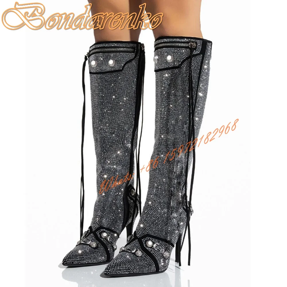 

Sexy Studded Crystal Boots Rivet Pointed Toe Solid Bling Stiletto Heels Women Shoes Side Zipper Fringe Knee High Boots Designer