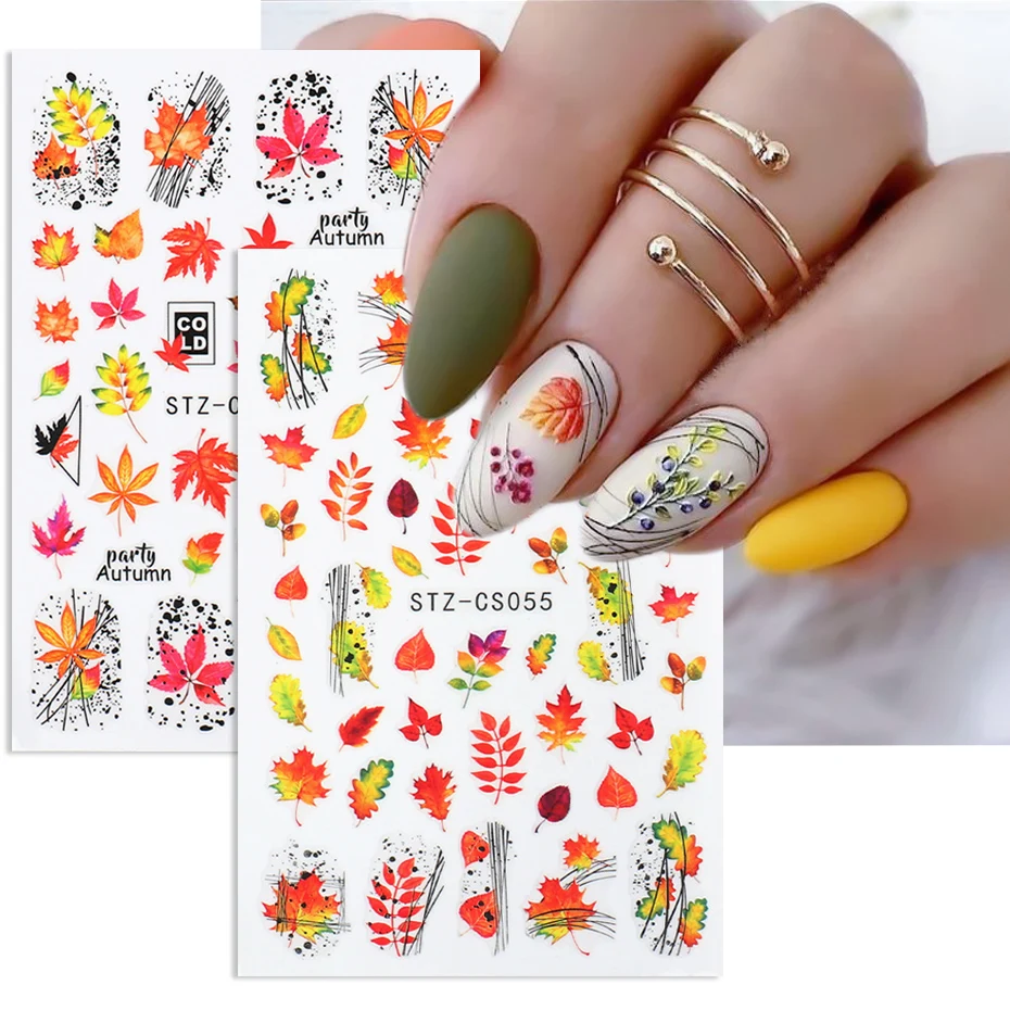 

3D Nail Sticker Autumn Maple Leaf Halloween Skull Flower Pumpkin Slider Design Gel Polished Manicure Accessories NLSTZCS050-057