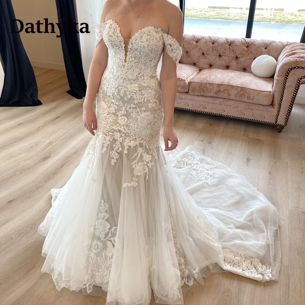 

Dathyka Luxury Trumpet Wedding Dresses Sweetheart Off the Shoulder Appliques Wedding Dress Vestido De Casamento Customized