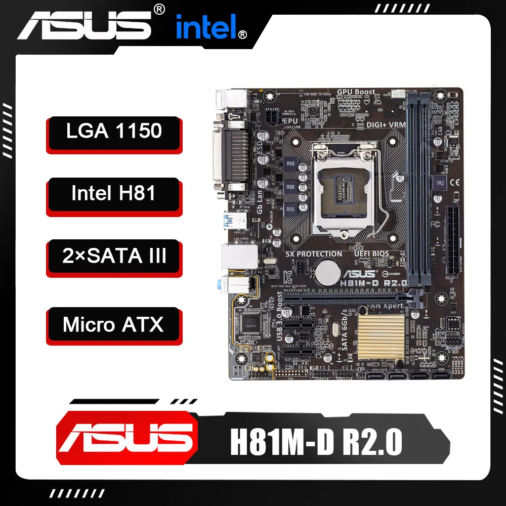 

ASUS H81M-D R2.0 Motherboard LGA 1150 Motherboard 2×DDR3 DIMM Intel H81 16GB PCI-E 2.0 USB3.0 Micro ATX For Core i5-4430 cpus