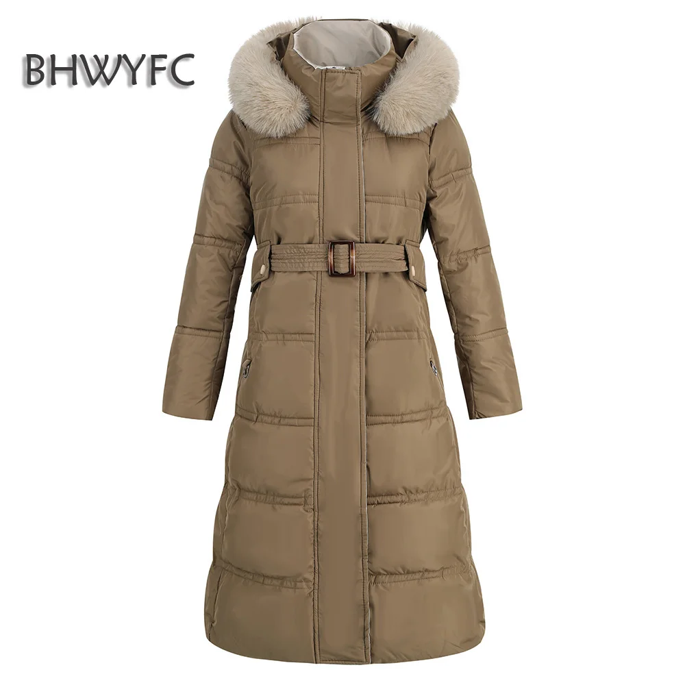 BHWYFC Down Padded Jackets Women's Coat Medium Long Slim Fit Waist Belt Zipper Thickened Cotton Padded Winter Outwear