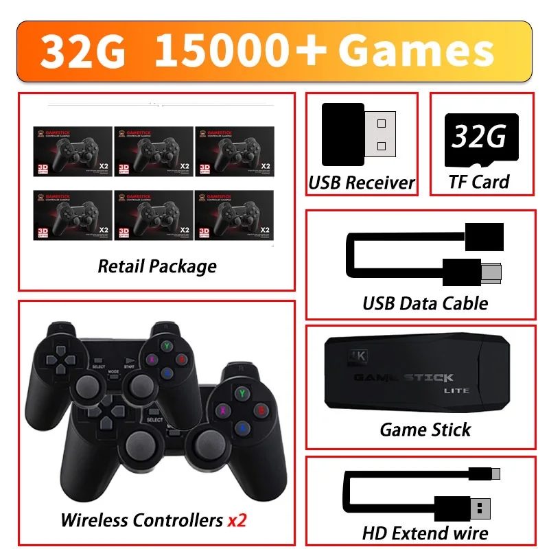 

1/6pcsDouble Wireless Controller Game Stick New Retro Game Console 4K HD 32G 15000 Games 2.4G For PSP PS1 GBAVideo Game Console