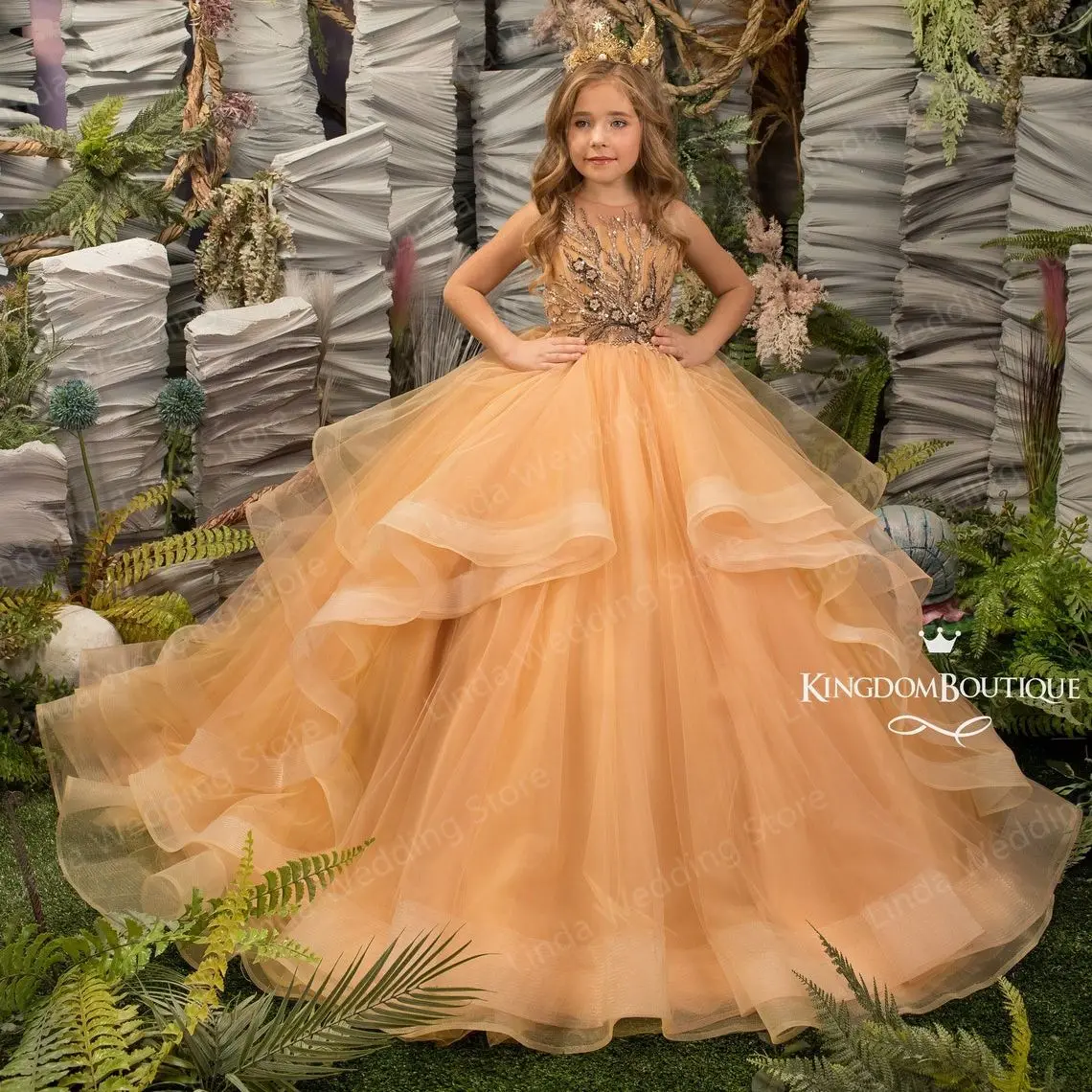 

Gold Vintage Flower Girl Dresses Tulle Lace Appliqued Bead Little Kids Wedding Dress Communion Dresses Birthday Photoshoot Gowns
